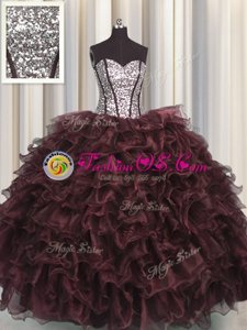 Chic Visible Boning Floor Length Brown Quince Ball Gowns Organza and Sequined Sleeveless Ruffles and Sequins