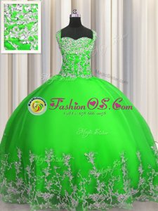 Classical Sleeveless Floor Length Beading and Appliques Lace Up Sweet 16 Dress with Green