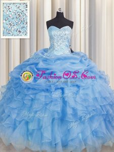 Custom Design Visible Boning Baby Blue Sweetheart Lace Up Beading and Ruffles Sweet 16 Dresses Sleeveless