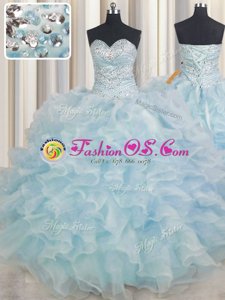 Super Floor Length Light Blue Quinceanera Gown Sweetheart Sleeveless Lace Up