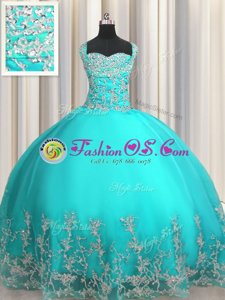 Customized Sweetheart Sleeveless Quinceanera Dresses Floor Length Beading and Appliques Aqua Blue Organza