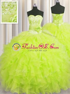 Handcrafted Flower Floor Length Yellow Green Sweet 16 Dresses Sweetheart Sleeveless Lace Up