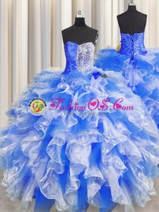 Exceptional Sweetheart Sleeveless Lace Up Vestidos de Quinceanera Blue And White Organza