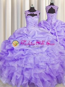Eye-catching Sweetheart Sleeveless Ball Gown Prom Dress Floor Length Beading and Ruffles Lavender Organza