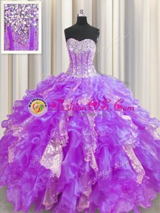 Visible Boning Lavender Sleeveless Beading and Ruffles and Sequins Floor Length Quinceanera Gown