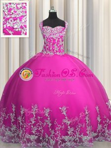 Floor Length Lace Up 15 Quinceanera Dress Fuchsia and In for Military Ball and Sweet 16 and Quinceanera with Beading and Appliques