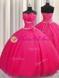 Handcrafted Flower Hot Pink Strapless Lace Up Beading and Sequins and Hand Made Flower Quince Ball Gowns Sleeveless