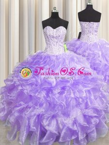 Cute Visible Boning Zipper Up Sweetheart Sleeveless Organza Ball Gown Prom Dress Beading and Ruffles Zipper