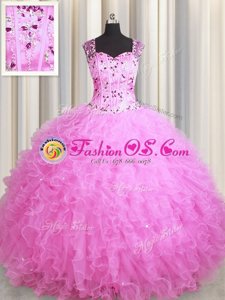 Flirting See Through Zipper Up Tulle Square Sleeveless Zipper Beading and Ruffles Quinceanera Dress in Rose Pink