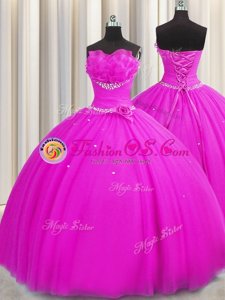 Handcrafted Flower Fuchsia Sweet 16 Dress Military Ball and Sweet 16 and Quinceanera and For with Beading and Sequins and Hand Made Flower Strapless Sleeveless Lace Up