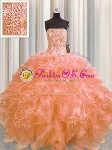 Discount Visible Boning Orange Ball Gown Prom Dress Military Ball and Sweet 16 and Quinceanera and For with Beading and Ruffles Strapless Sleeveless Lace Up