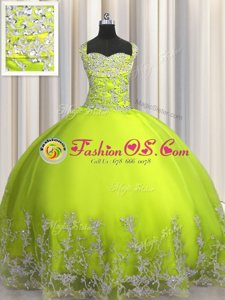 Attractive Floor Length Yellow Green Quinceanera Gown Straps Sleeveless Lace Up