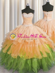 Floor Length Multi-color Sweet 16 Dress Organza Sleeveless Beading and Ruffles and Ruffled Layers and Sequins