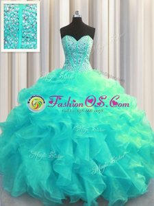 Sweetheart Sleeveless Quinceanera Gowns Floor Length Beading and Ruffles Yellow Green Organza