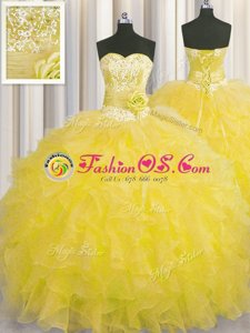 Beauteous Handcrafted Flower Gold Lace Up Sweet 16 Quinceanera Dress Beading and Ruffles and Hand Made Flower Sleeveless Floor Length