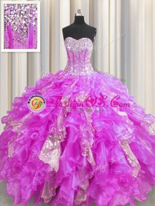 Visible Boning Organza and Sequined Sleeveless Floor Length Quince Ball Gowns and Beading and Ruffles and Sequins