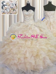 Luxury Champagne 15th Birthday Dress Military Ball and Sweet 16 and Quinceanera and For with Beading and Ruffles Sweetheart Sleeveless Lace Up