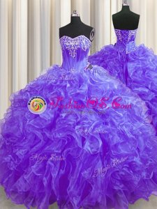 Fitting Sleeveless Organza Brush Train Lace Up Quinceanera Dress in Purple for with Beading and Ruffles