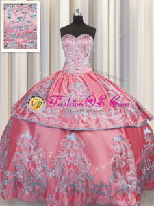 Floor Length Rose Pink Sweet 16 Dress Taffeta Sleeveless Beading and Embroidery