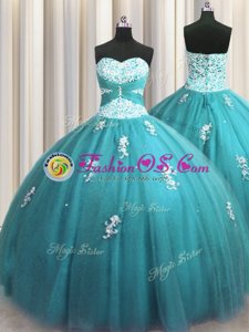 Dramatic Halter Top Floor Length Lace Up Sweet 16 Dresses Teal and In for Military Ball and Sweet 16 and Quinceanera with Beading and Appliques