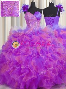 Sexy One Shoulder Handcrafted Flower Floor Length Lace Up Quinceanera Dresses Multi-color and In for Military Ball and Sweet 16 with Beading and Ruffles and Hand Made Flower
