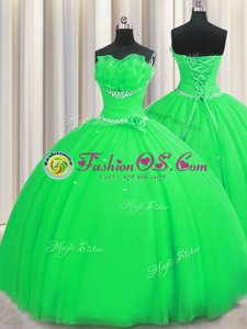 Glittering Handcrafted Flower Floor Length Green Quinceanera Dresses Strapless Sleeveless Lace Up