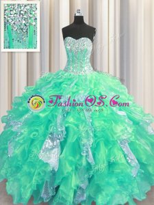 Fabulous Sweetheart Sleeveless Sweet 16 Dresses Floor Length Beading and Ruffles and Sequins Turquoise Organza and Sequined