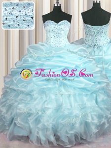 Pretty Pick Ups Light Blue Sleeveless Organza Brush Train Lace Up Sweet 16 Quinceanera Dress for Military Ball and Sweet 16 and Quinceanera