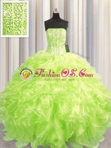 Spectacular Visible Boning Yellow Green Ball Gowns Beading and Ruffles Quinceanera Gown Lace Up Organza Sleeveless Floor Length