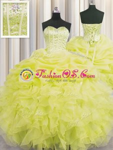 Fantastic Visible Boning Yellow Organza Lace Up Quinceanera Dress Sleeveless Floor Length Beading and Ruffles and Pick Ups