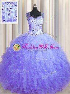 Amazing See Through Zipper Up Sleeveless Tulle Floor Length Zipper Quinceanera Dresses in Lavender for with Beading and Ruffles
