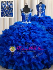 Discount Straps Organza Sleeveless Floor Length Sweet 16 Dress and Beading and Appliques and Ruffles
