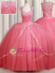 High Quality Watermelon Red Tulle Zipper Straps Cap Sleeves Sweet 16 Quinceanera Dress Sweep Train Beading and Appliques