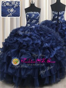 Pick Ups Floor Length Navy Blue Ball Gown Prom Dress Strapless Sleeveless Lace Up