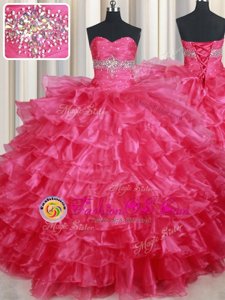 Floor Length Coral Red Quinceanera Gown Organza Sleeveless Ruffled Layers