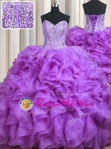 Beading and Ruffles Quinceanera Dress Lilac Lace Up Sleeveless Sweep Train