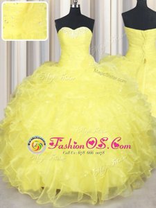 Shining Ball Gowns Sweet 16 Dress Yellow Sweetheart Organza Sleeveless Floor Length Lace Up