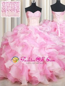 Customized Sleeveless Floor Length Beading and Ruffles Lace Up Sweet 16 Quinceanera Dress with Pink And White