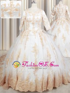 High End Scoop Half Sleeves Court Train Zipper Beading and Lace and Appliques Sweet 16 Dress