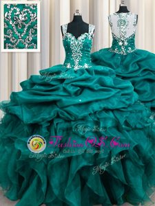 Teal Ball Gowns Organza Straps Sleeveless Beading and Ruffles and Pick Ups Floor Length Zipper Quince Ball Gowns