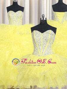 Sexy Three Piece Yellow Sweetheart Lace Up Beading and Ruffles Sweet 16 Quinceanera Dress Sleeveless
