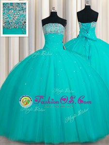 Clearance Sleeveless Tulle Floor Length Lace Up Vestidos de Quinceanera in Aqua Blue for with Beading and Sequins