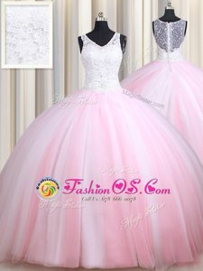 Colorful Straps Pink And White Sleeveless Lace Floor Length Sweet 16 Dress