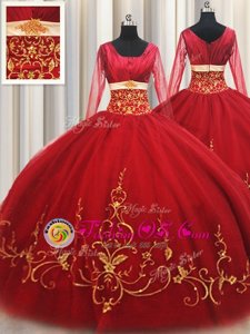 Floor Length Red Quinceanera Gowns Square Long Sleeves Zipper