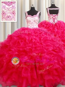 Hot Pink Ball Gowns Organza Straps Sleeveless Embroidery and Ruffles Floor Length Lace Up Quinceanera Dresses