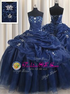Low Price Navy Blue Sweetheart Neckline Appliques and Pick Ups Quinceanera Gowns Sleeveless Lace Up