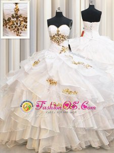 Sleeveless Floor Length Beading and Ruffled Layers Lace Up Sweet 16 Dress with White