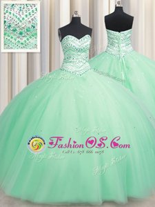 High End Apple Green Tulle Lace Up Sweetheart Sleeveless Floor Length Vestidos de Quinceanera Beading