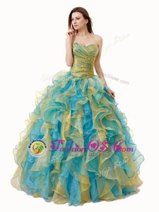 Multi-color Sweet 16 Dress Military Ball and Sweet 16 and Quinceanera and For with Beading and Ruffles and Ruching Sweetheart Sleeveless Lace Up