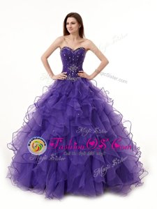 Dazzling Sleeveless Organza Floor Length Lace Up 15 Quinceanera Dress in Purple for with Beading and Ruffles